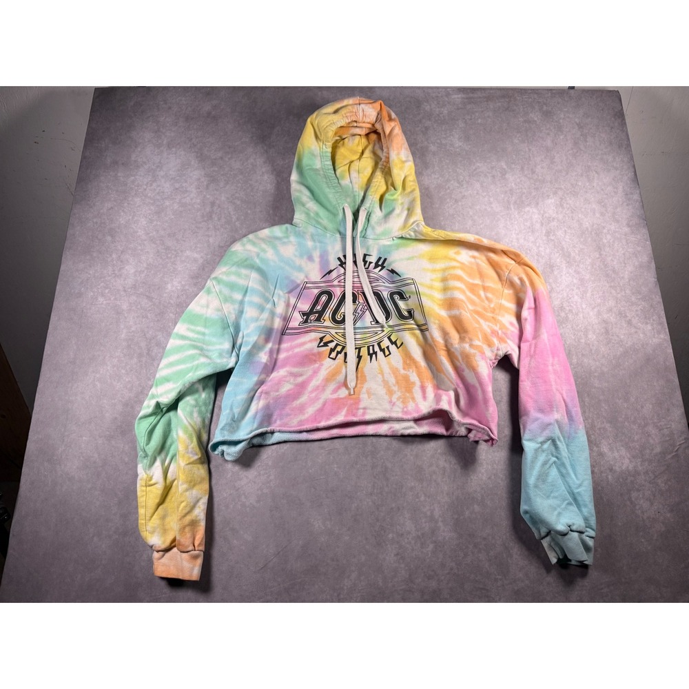 AC/DC High Voltage Tie Dye Cropped Hoodie Women's XL Pastel Band Sweatshirt